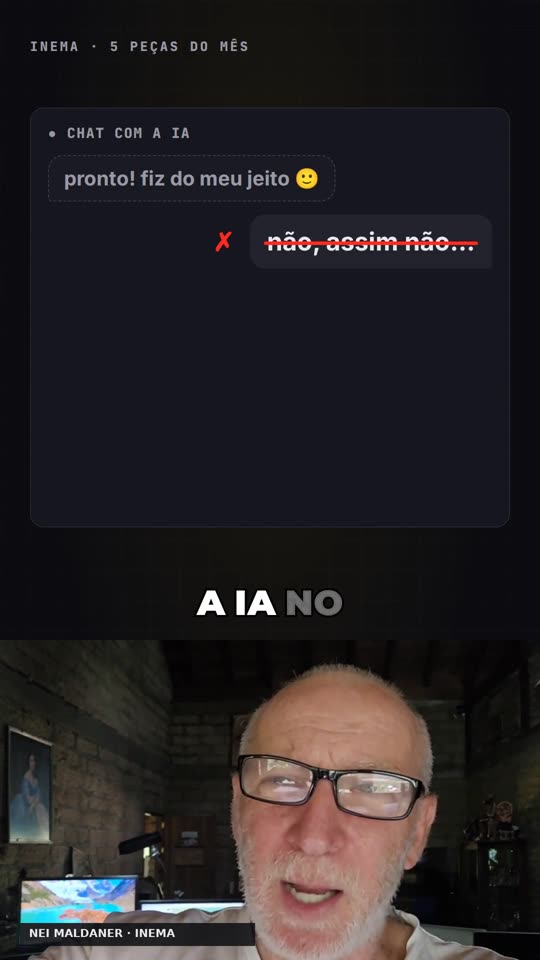 Chat com a IA em que a resposta "não, assim não" aparece riscada em vermelho