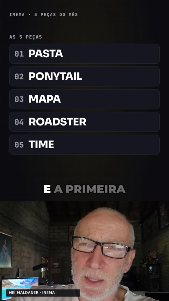 Índice das 5 peças: 01 PASTA, 02 PONYTAIL, 03 MAPA, 04 ROADSTER, 05 TIME
