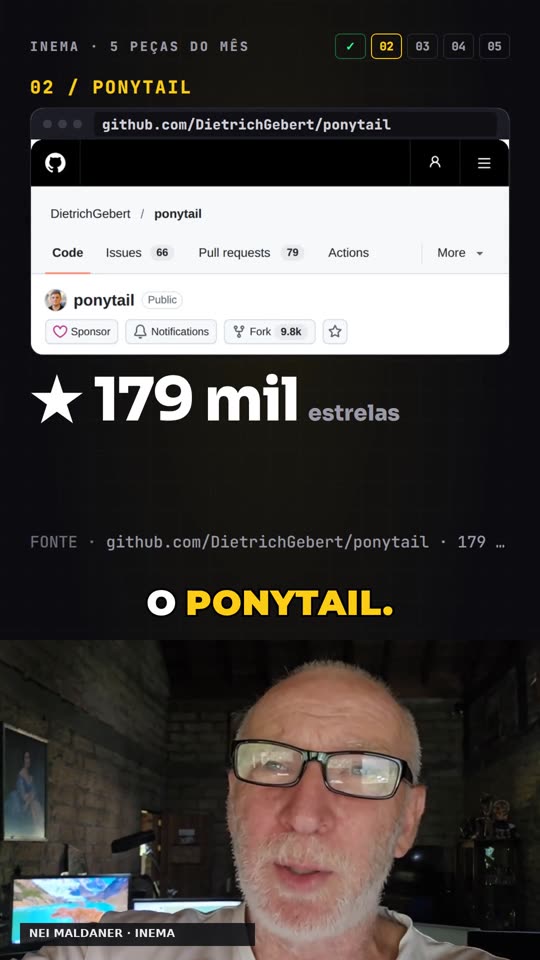 Peça 02: print real da página do ponytail no GitHub e 179 mil estrelas