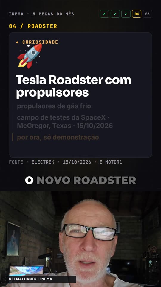 Peça 04: manchete "Tesla Roadster com propulsores" marcada como curiosidade, com a fonte embaixo