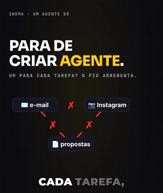 Quadro do gancho do roteiro modelo: a manchete PARA DE CRIAR AGENTE, com AGENTE em amarelo, e três agentes (e-mail, Instagram, propostas) com o fio entre eles arrebentado, marcado com X vermelhos