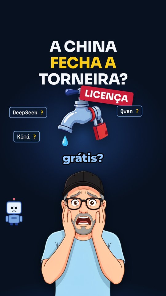 Quadro 0 do 1º reel de exemplo, em azul-marinho: a manchete "A China fecha a torneira?" com FECHA A em amarelo, uma torneira com cadeado vermelho e carimbo LICENÇA e, embaixo, o avatar grande do Nei com as mãos no rosto, assustado