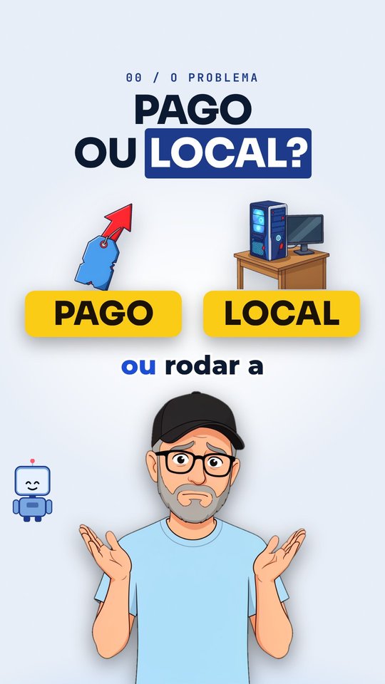 Em papel azul-gelo: "Pago ou local?", uma etiqueta de preço com seta vermelha e um computador de mesa, com as opções PAGO e LOCAL em amarelo