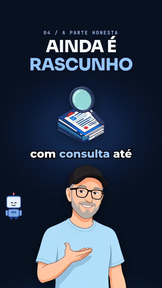 Ressalva: "Ainda é rascunho", uma lupa sobre documentos e o avatar explicando