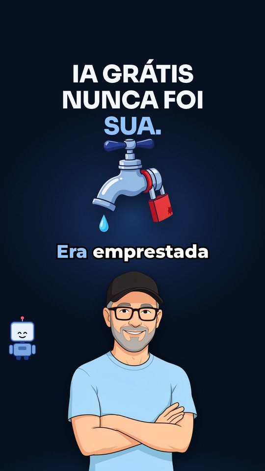Máxima: "IA grátis nunca foi sua.", a torneira fechada e o avatar de braços cruzados