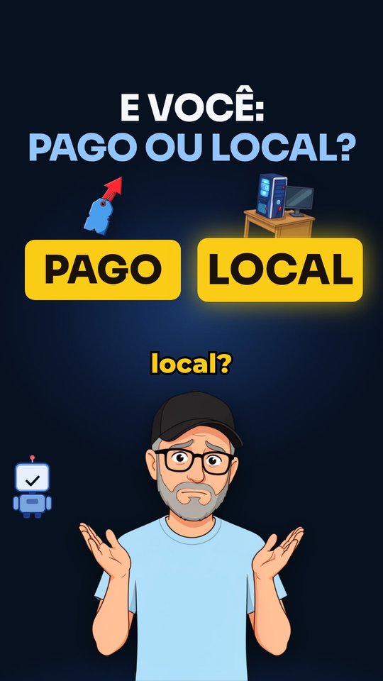 Cartão final: "E você: pago ou local?" com os botões PAGO e LOCAL em amarelo