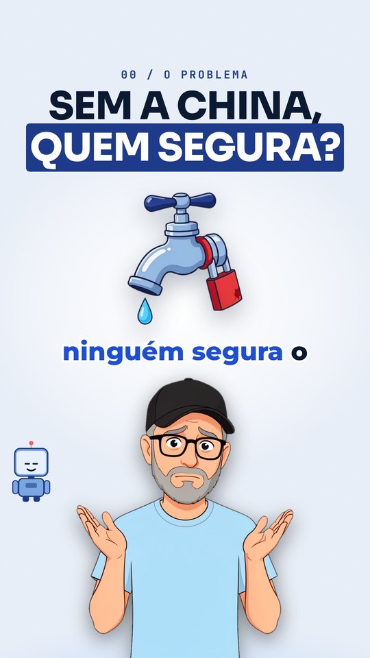 Em papel azul-gelo: "Sem a China, quem segura?" e a torneira com cadeado