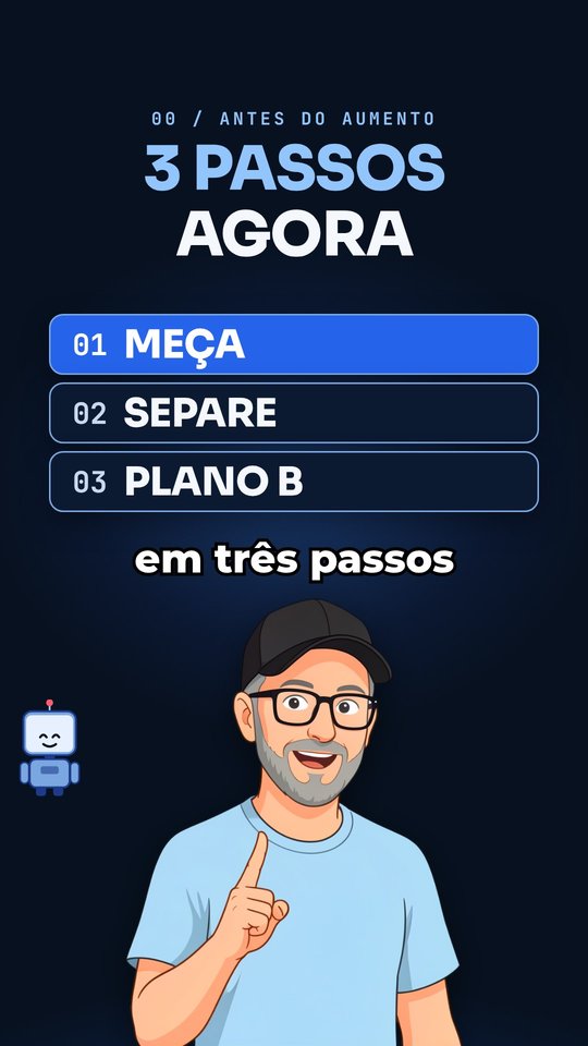 Índice: "3 passos agora" com as pílulas 01 Meça, 02 Separe, 03 Plano B