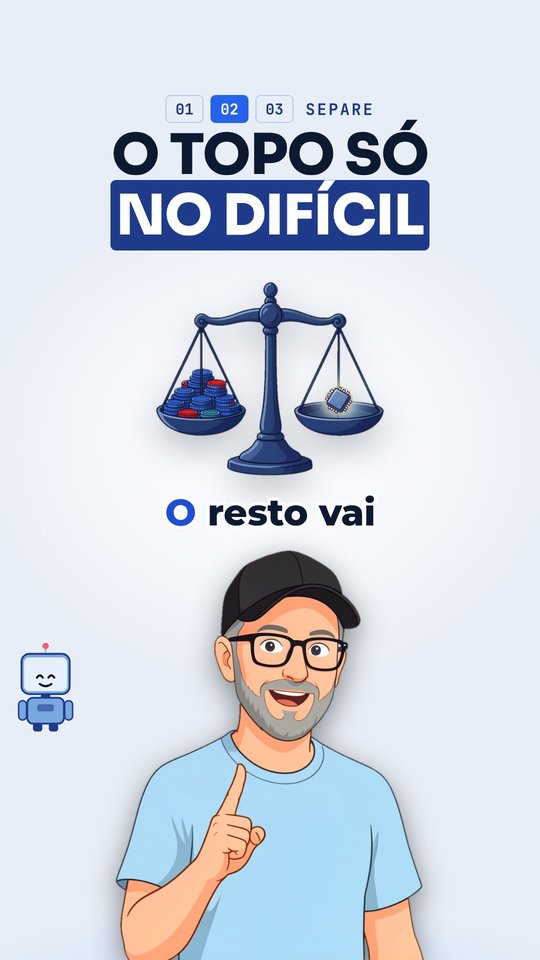 Peça 02 em papel azul-gelo: "O topo só no difícil", uma balança com moedas de um lado e um chip do outro