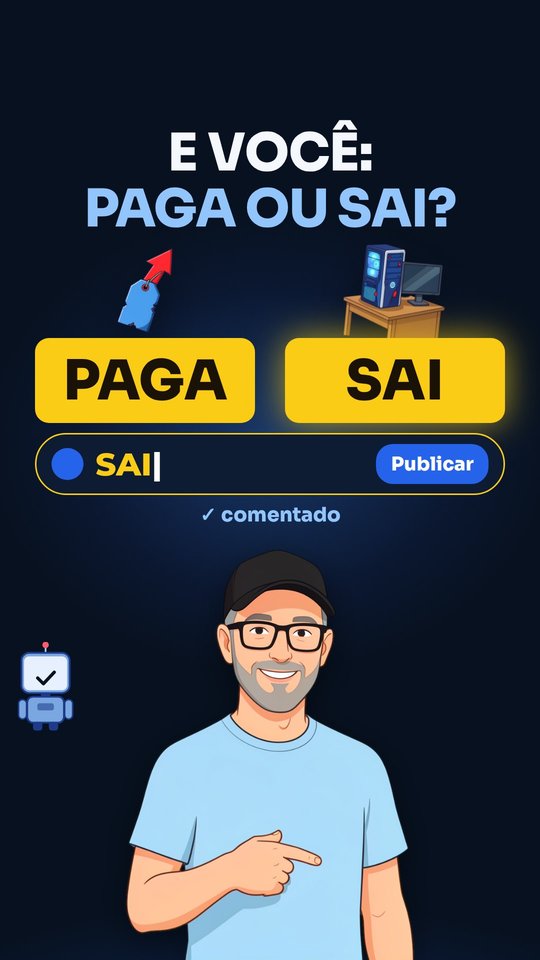 Cartão final: "E você: paga ou sai?" com os botões PAGA e SAI em amarelo e a caixa de comentário