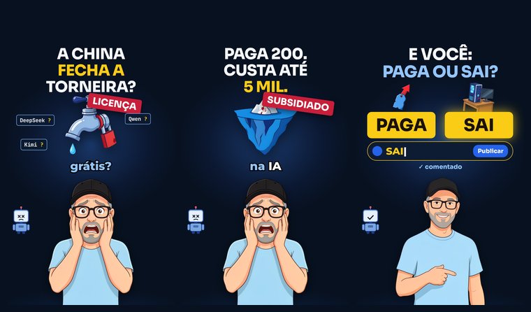 Três quadros dos reels de exemplo lado a lado: o gancho da torneira com cadeado ("A China fecha a torneira?"), o gancho do iceberg ("Paga 200. Custa até 5 mil.") e o cartão final com as opções PAGA e SAI em amarelo