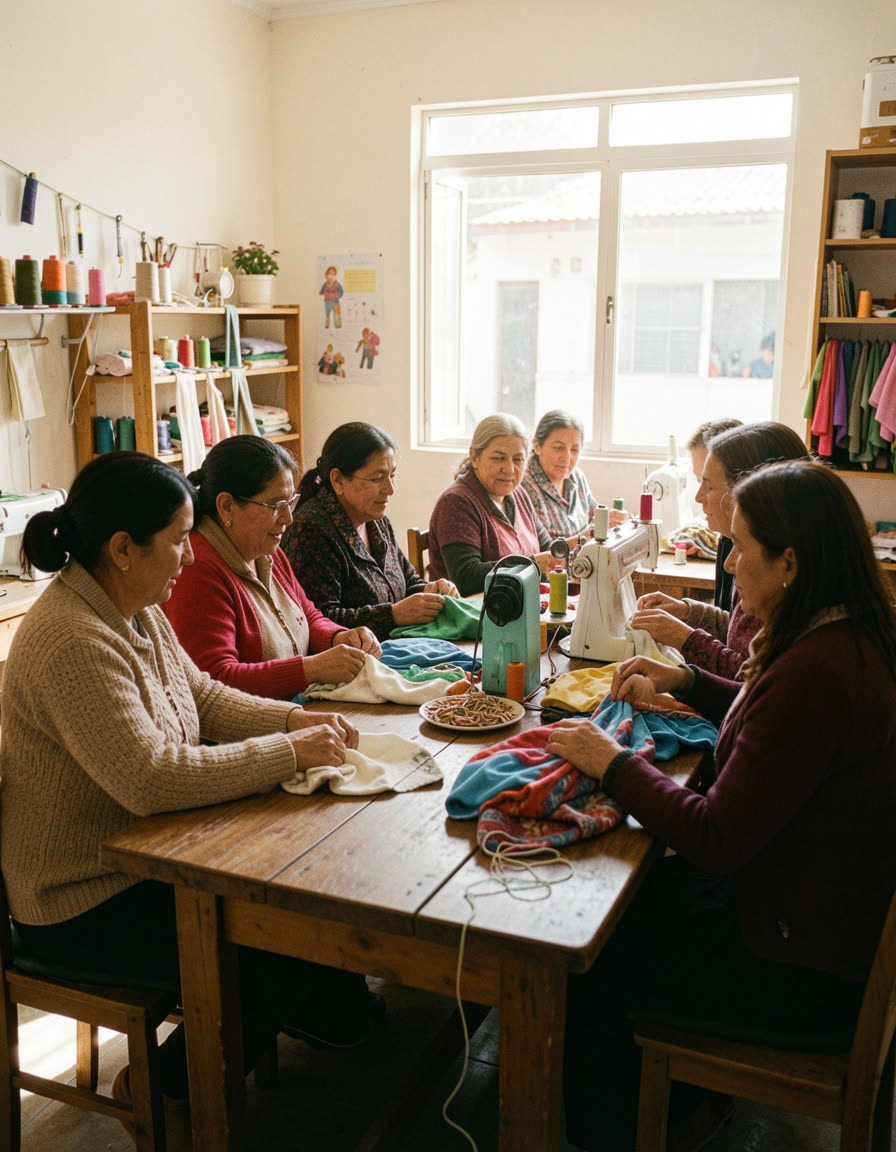 Grupo de mulheres conversando num centro comunitário