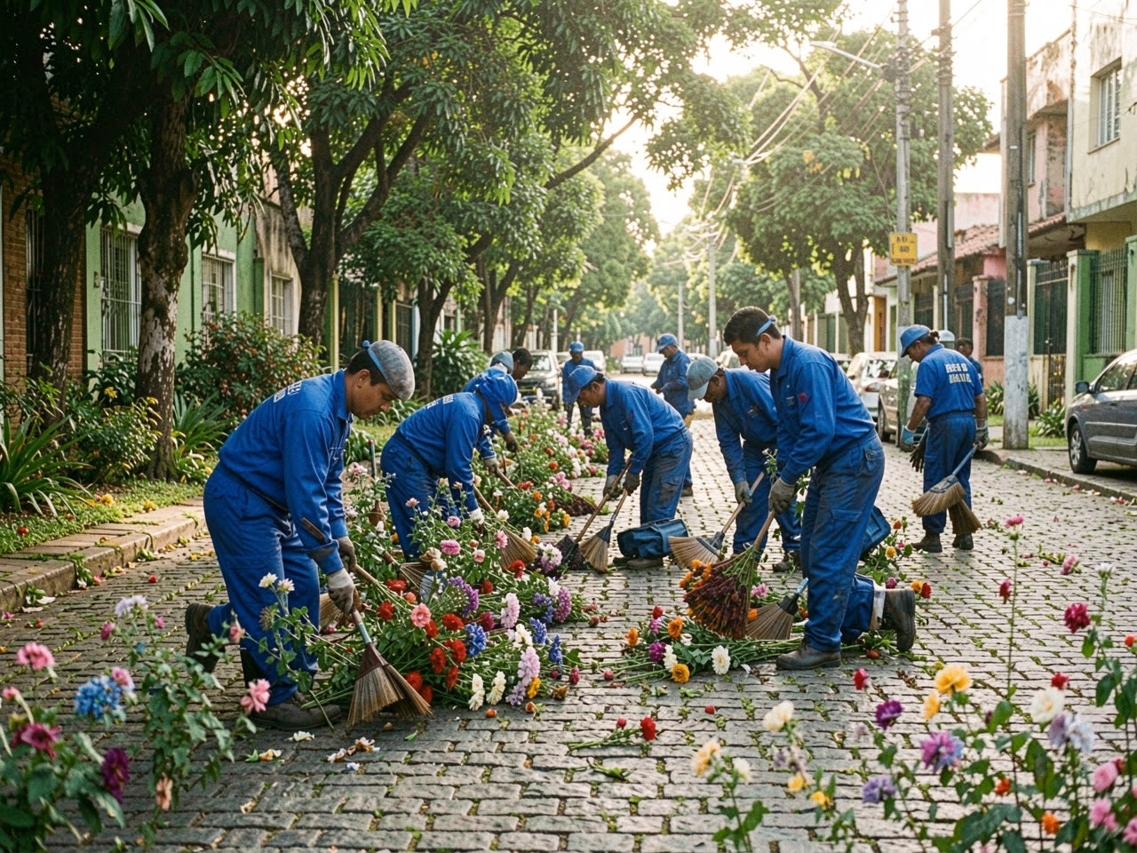 Equipe municipal plantando flores numa rua de paralelepípedos