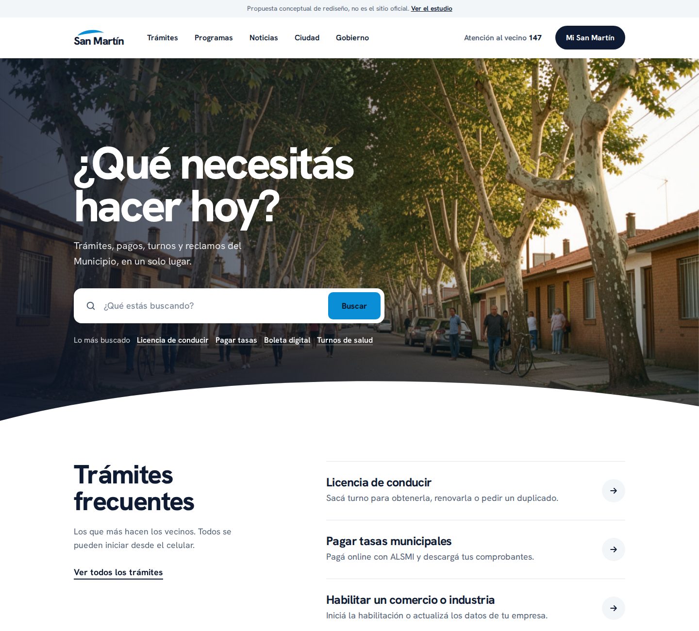Home proposta com busca em destaque e trámites frecuentes