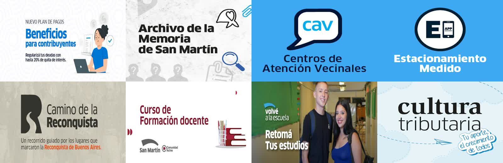 Oito banners do site atual, todos com texto embutido na imagem
