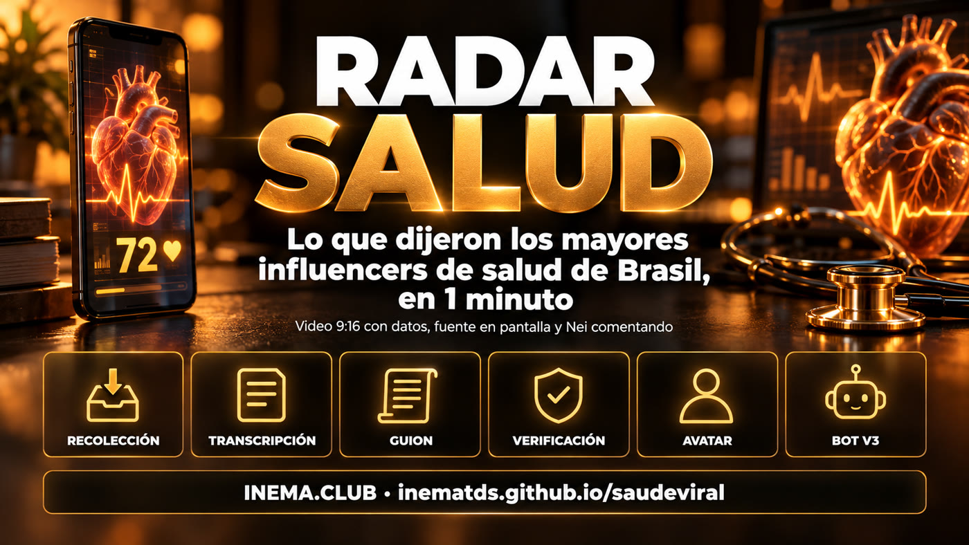 Flujo de saudeviral: recolección, transcripción, guion, verificación, avatar y bot v3