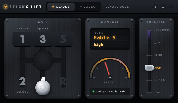 Painel do StickShift: gate H-pattern, console LCD e alavanca de effort
