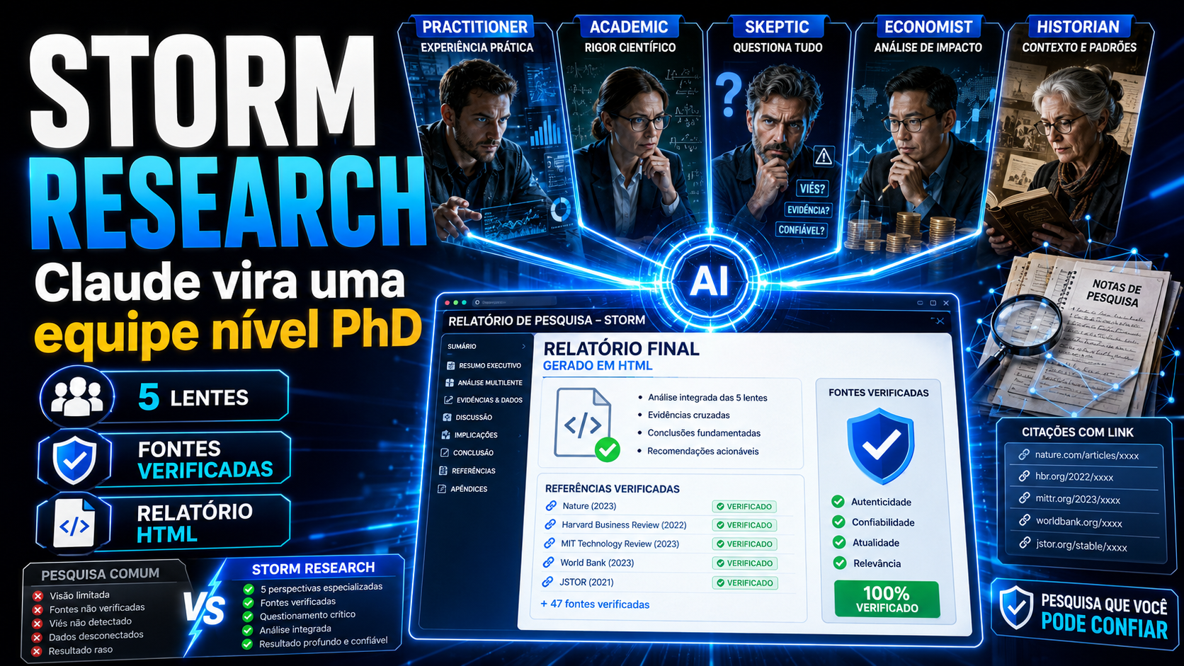 STORM Research — Claude vira uma equipe nível PhD: cinco lentes (practitioner, academic, skeptic, economist, historian) convergem numa IA que gera um relatório HTML com fontes 100% verificadas e citações com link.
