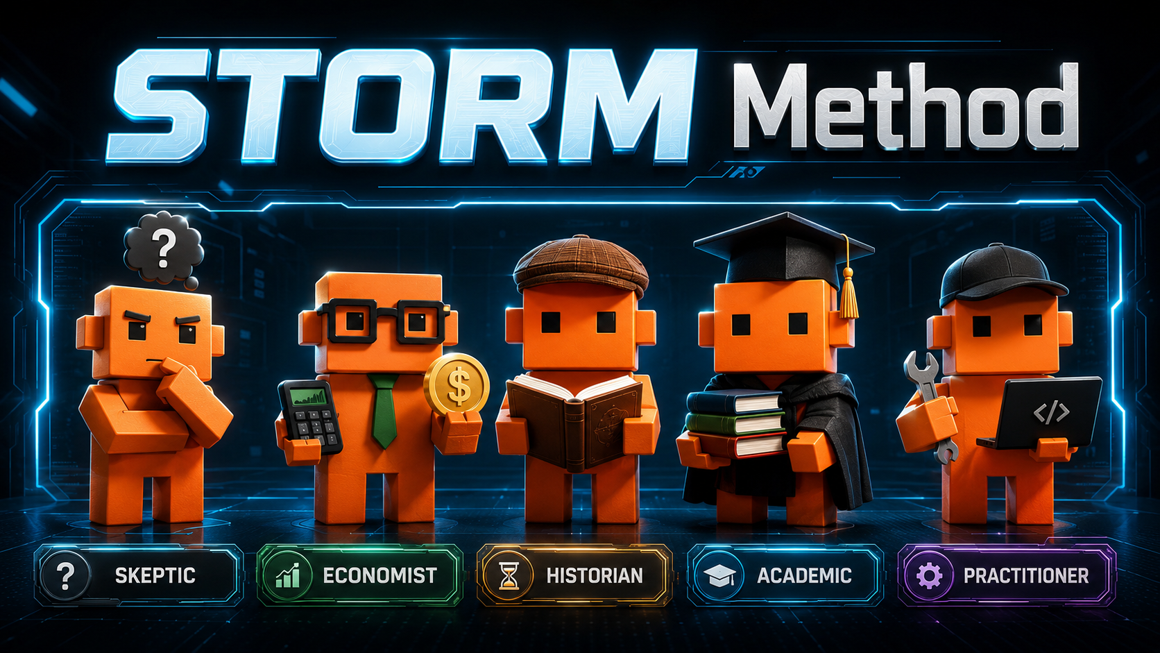 As cinco lentes do método STORM como personagens 3D: Skeptic (questiona tudo), Economist (análise de impacto), Historian (contexto e padrões), Academic (rigor científico) e Practitioner (experiência prática).