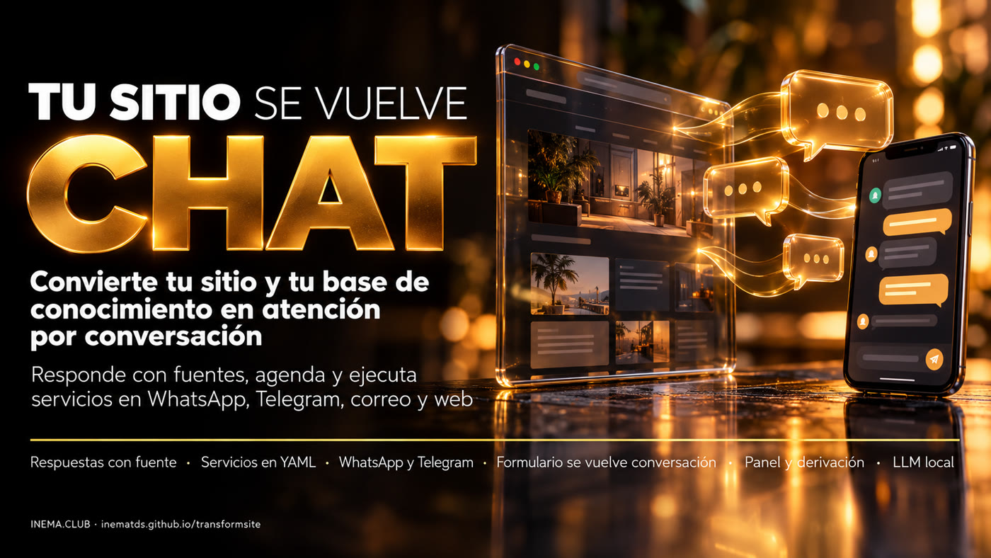 Banner: tu sitio se vuelve chat — respuestas con fuente, servicios en YAML, WhatsApp y Telegram