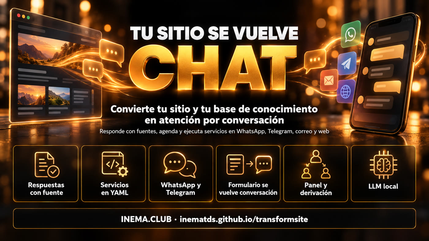 Los seis pilares de transformsite: respuestas con fuente, servicios en YAML, WhatsApp y Telegram, formulario que se vuelve conversación, panel y traspaso a humano, LLM local