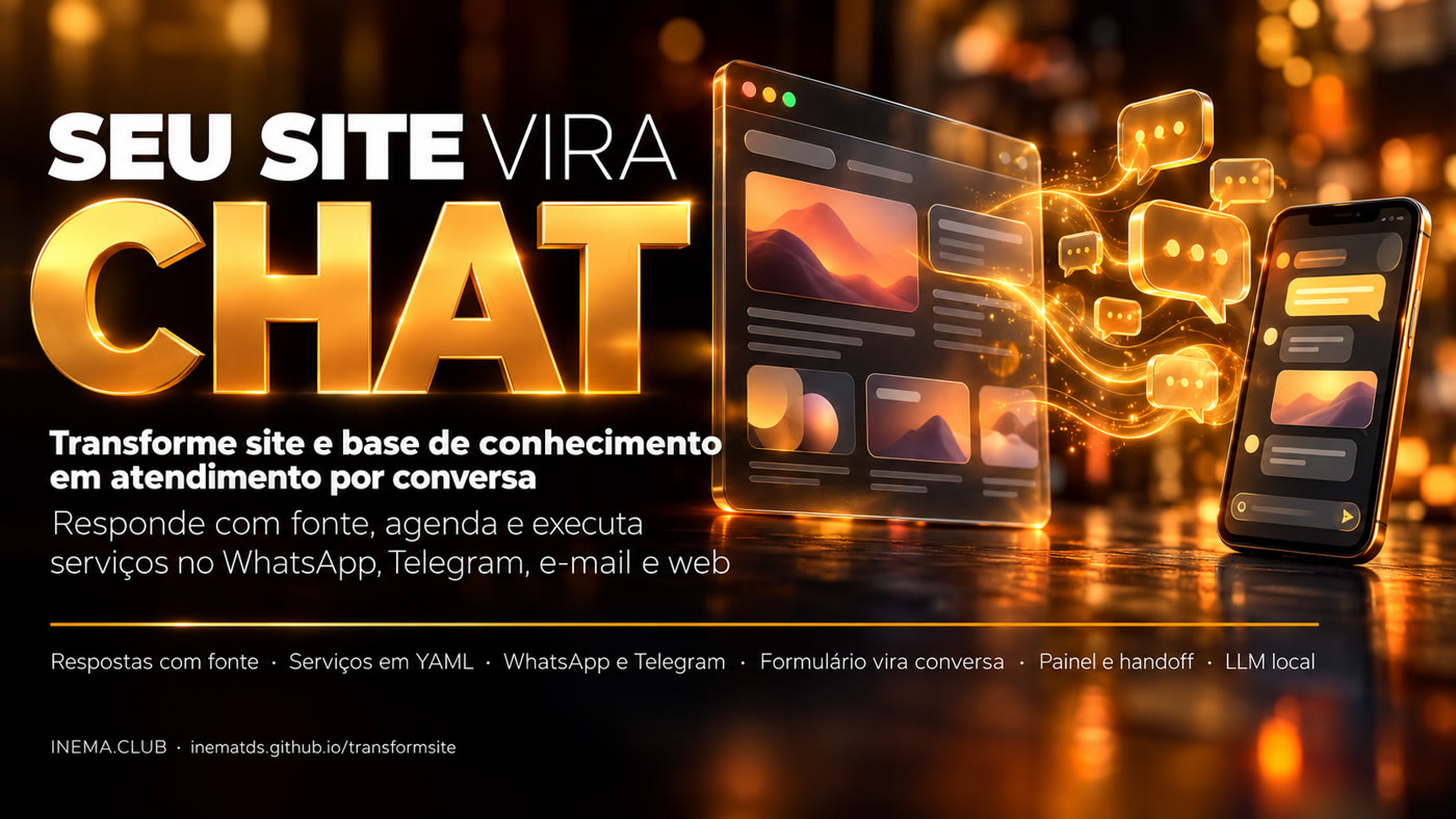 Banner: seu site vira chat — respostas com fonte, serviços em YAML, WhatsApp e Telegram