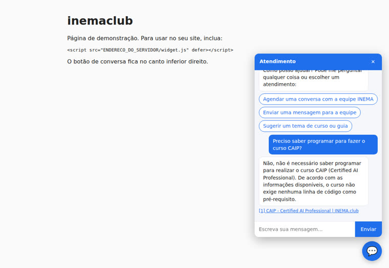Widget de chat respondendo sobre um curso do INEMA.CLUB com o link da fonte