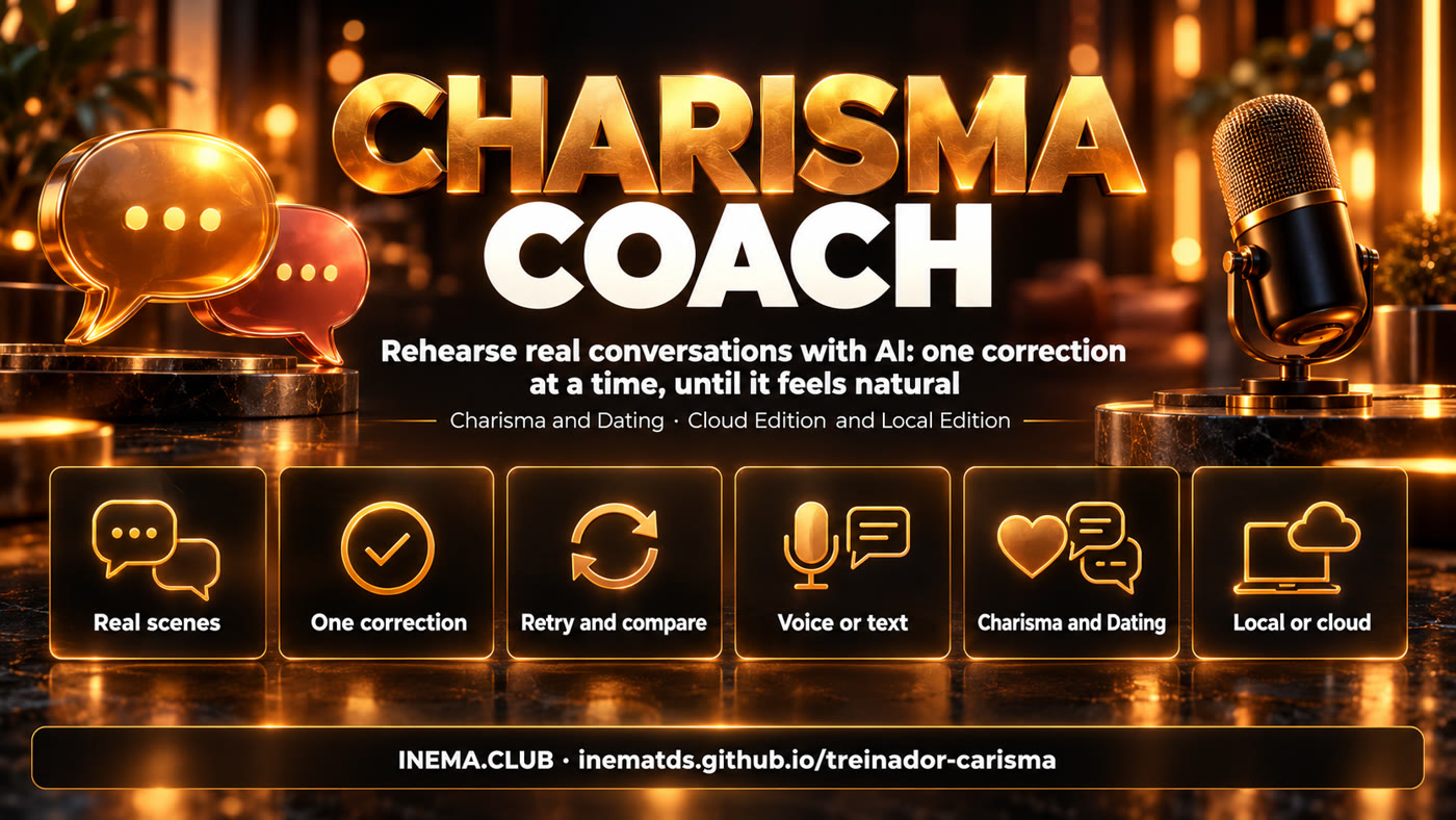 Real scenes, one correction, redo and compare, voice or text, Charisma and Dating, local or cloud