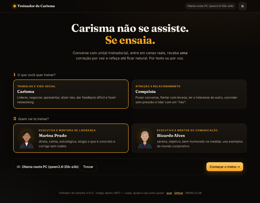 Tela inicial com os modos Carisma e Conquista e a escolha do treinador