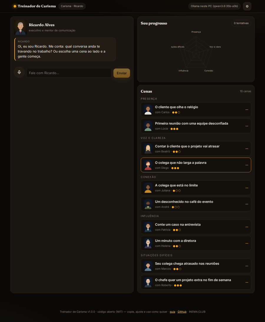 Painel com conversa com o treinador, radar de progresso e lista de cenas
