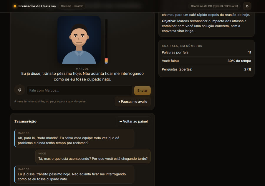 Cena com Marcos, termômetro de conexão e transcrição