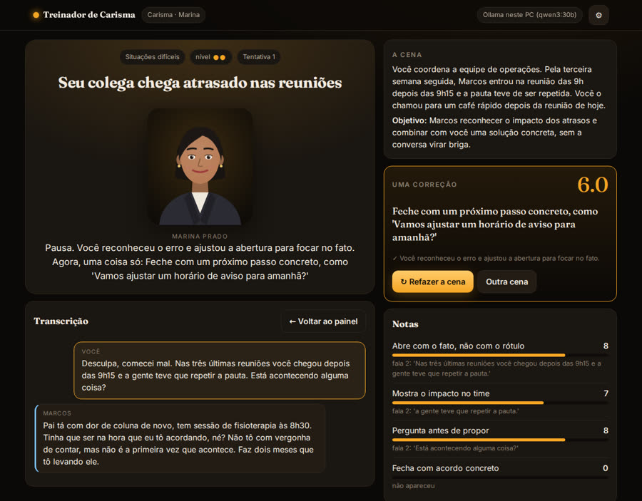 Pausa com nota, uma correção e notas por critério com a fala citada