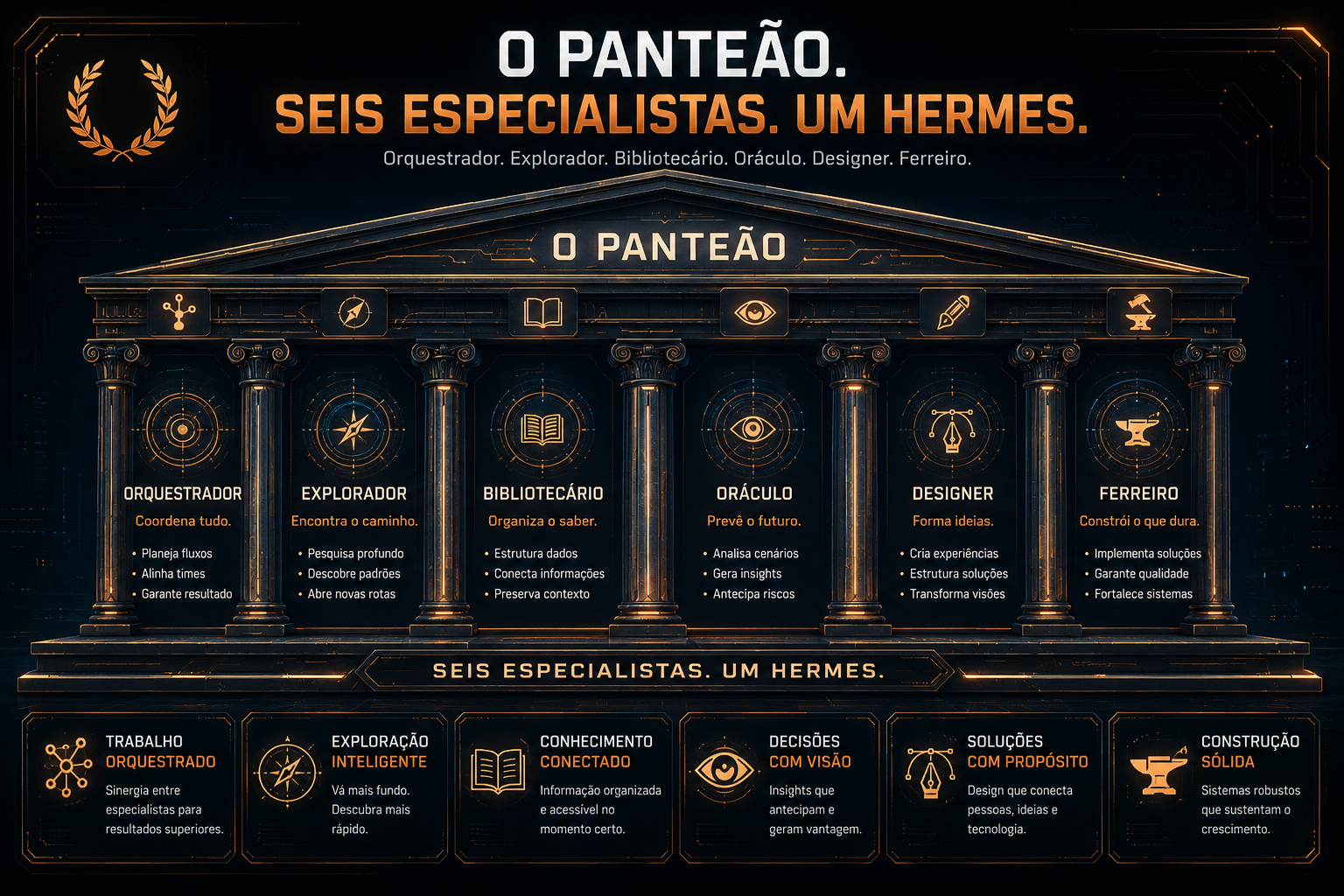 O Panteão — Seis especialistas, um Hermes. Orquestrador, Explorador, Bibliotecário, Oráculo, Designer, Ferreiro.
