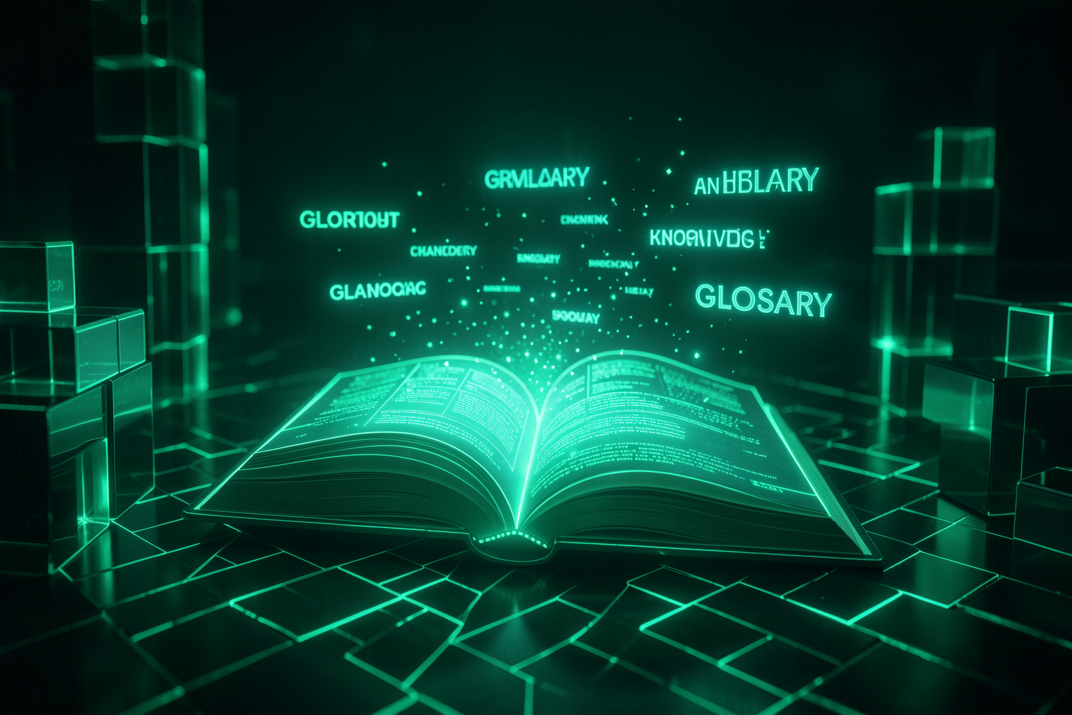 Banner da trilha de fundamentos: blocos de construção luminosos e um livro de glossário, a base conceitual em verde esmeralda