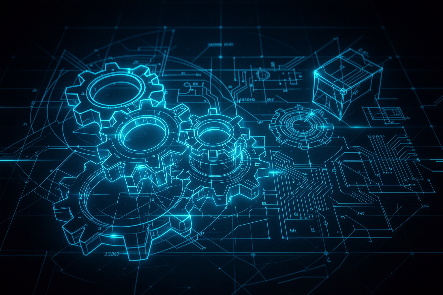 Banner da trilha técnica: blueprint, engrenagens e circuitos em azul — a arquitetura e a engenharia por dentro