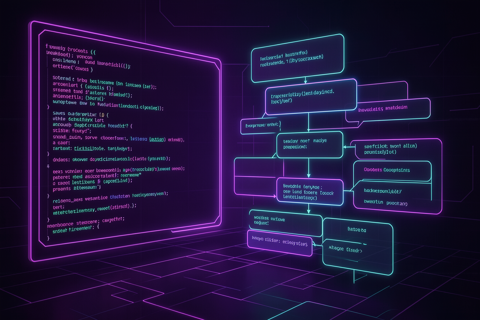 Banner da trilha de prompts: um terminal e balões de diálogo em roxo virando fluxos estruturados