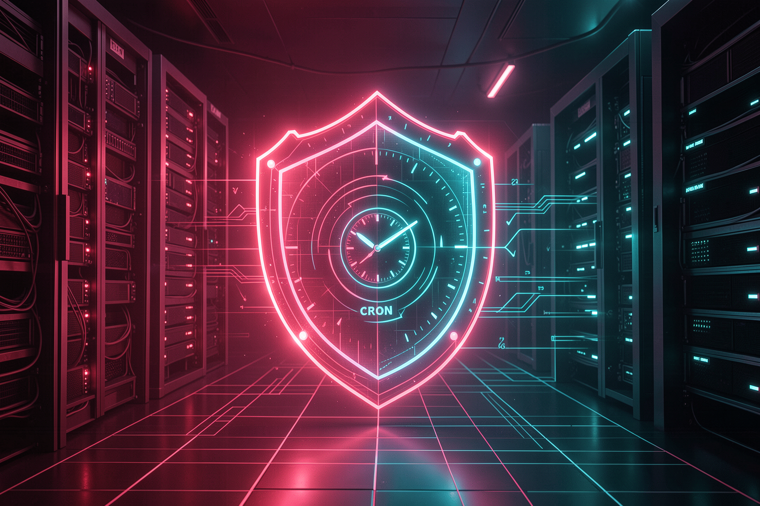 Banner da trilha de produção: servidores na nuvem, escudo de segurança, cron e webhooks em rosa — deploy confiável