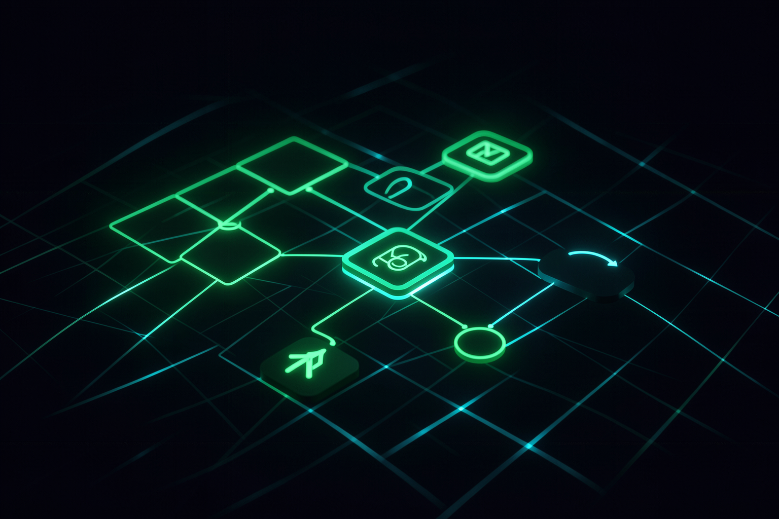 Banner: montagem do primeiro workflow de automação, nó a nó, em verde esmeralda