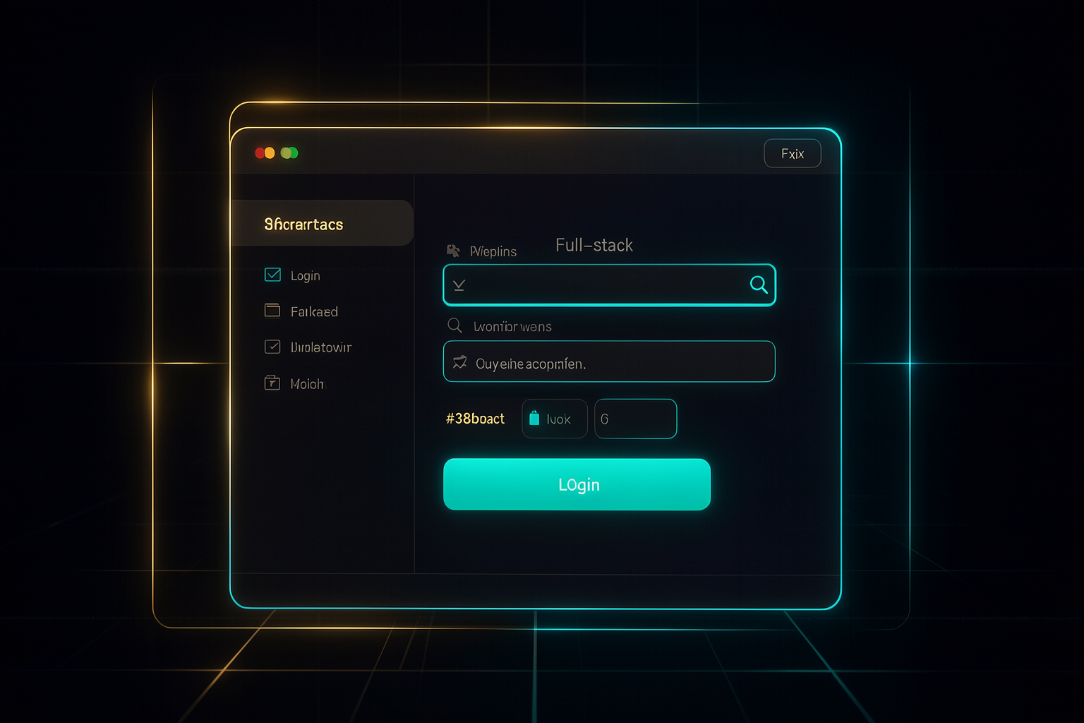 Banner: construção de frontends, uma UI polida com login e pagamento, em âmbar