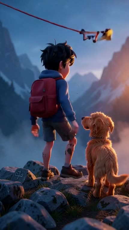 Quadro do filme montanha-leao-v2: menino de mochila e cachorro no alto de uma montanha ao entardecer.
