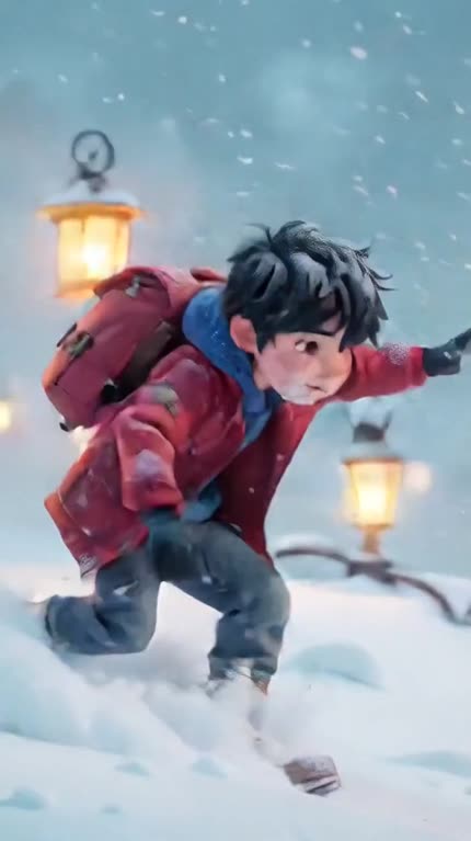 Quadro do filme neve-resgate: menino de casaco vermelho avançando na neve entre lampiões acesos.