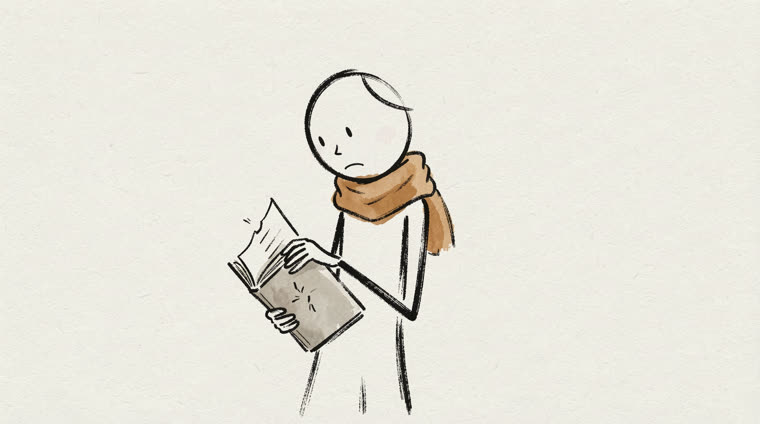 Stick figure com cachecol ocre segurando um caderno como se fosse rasgá-lo