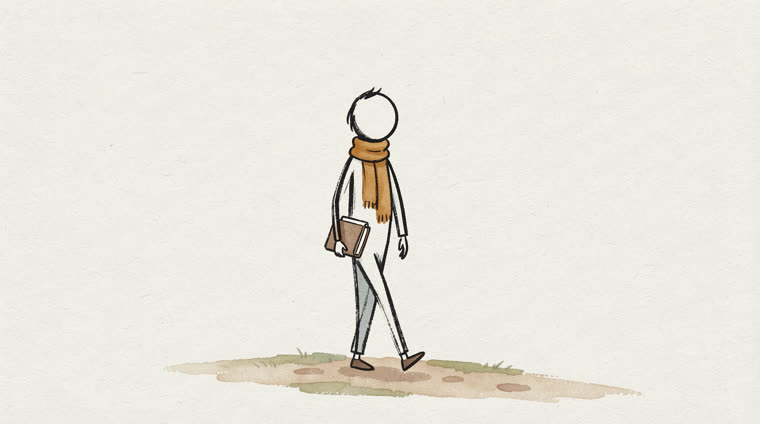 Stick figure caminhando com o caderno debaixo do braço