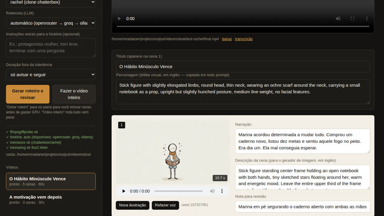 Interface web do videomotival mostrando o vídeo final, a bíblia do personagem e a cena 1 editável