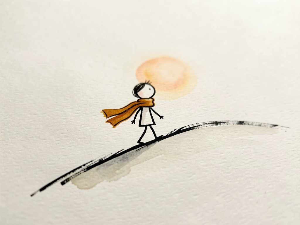 Ilustração pintada à mão de um stick figure com cachecol ocre subindo uma colina em papel texturizado