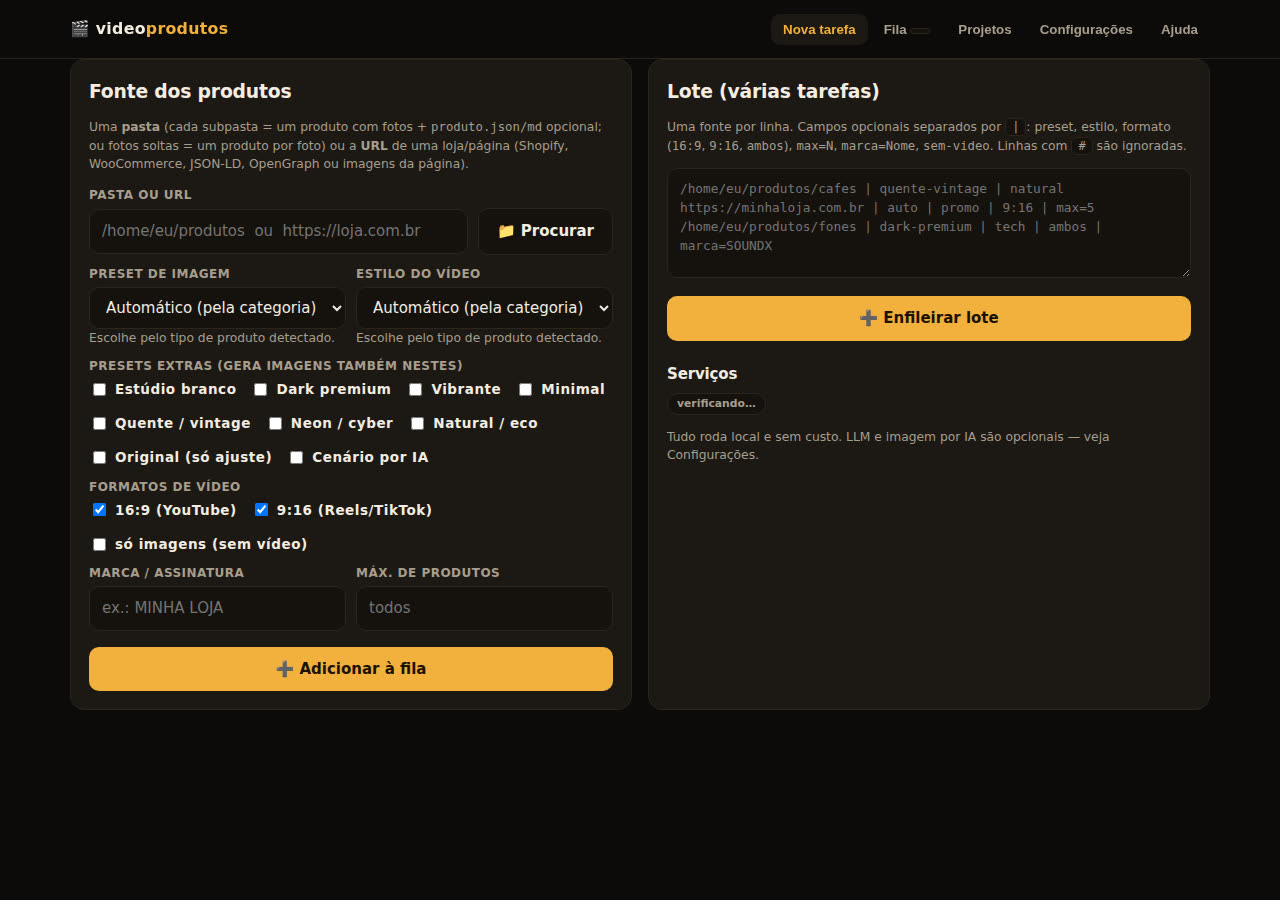 Página web do videoprodutos com a fila de produção