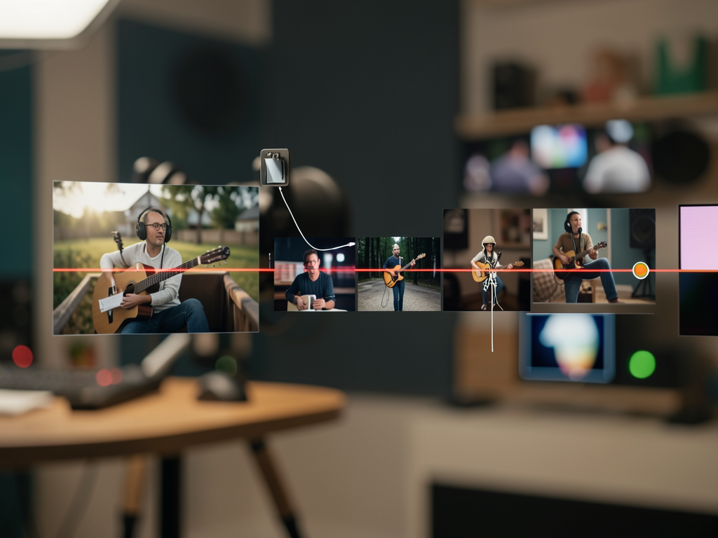 Linha de produção visual conectando cenas de um vídeo