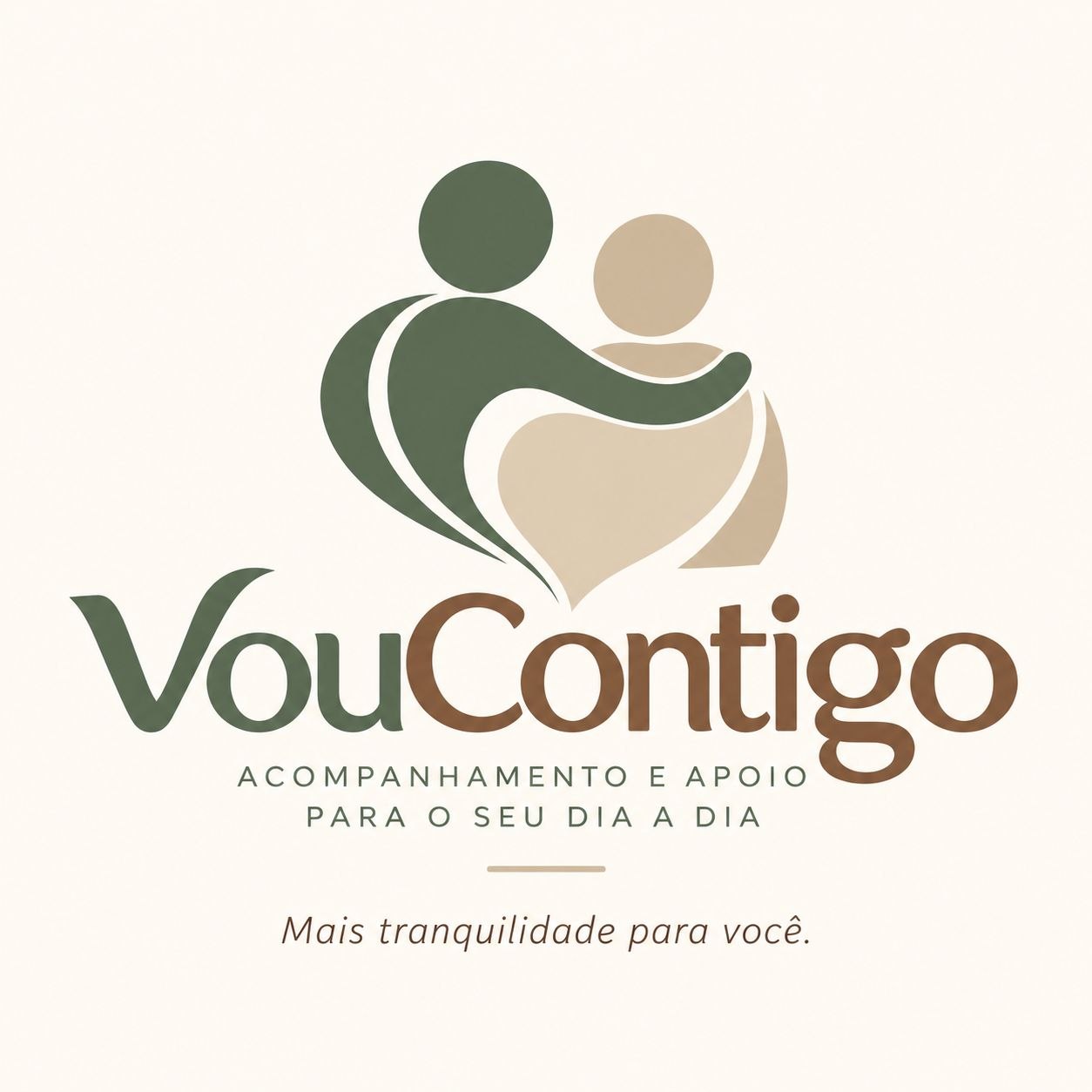 Logo Vou Contigo — duas figuras abstratas lado a lado, em verde-oliva e bege