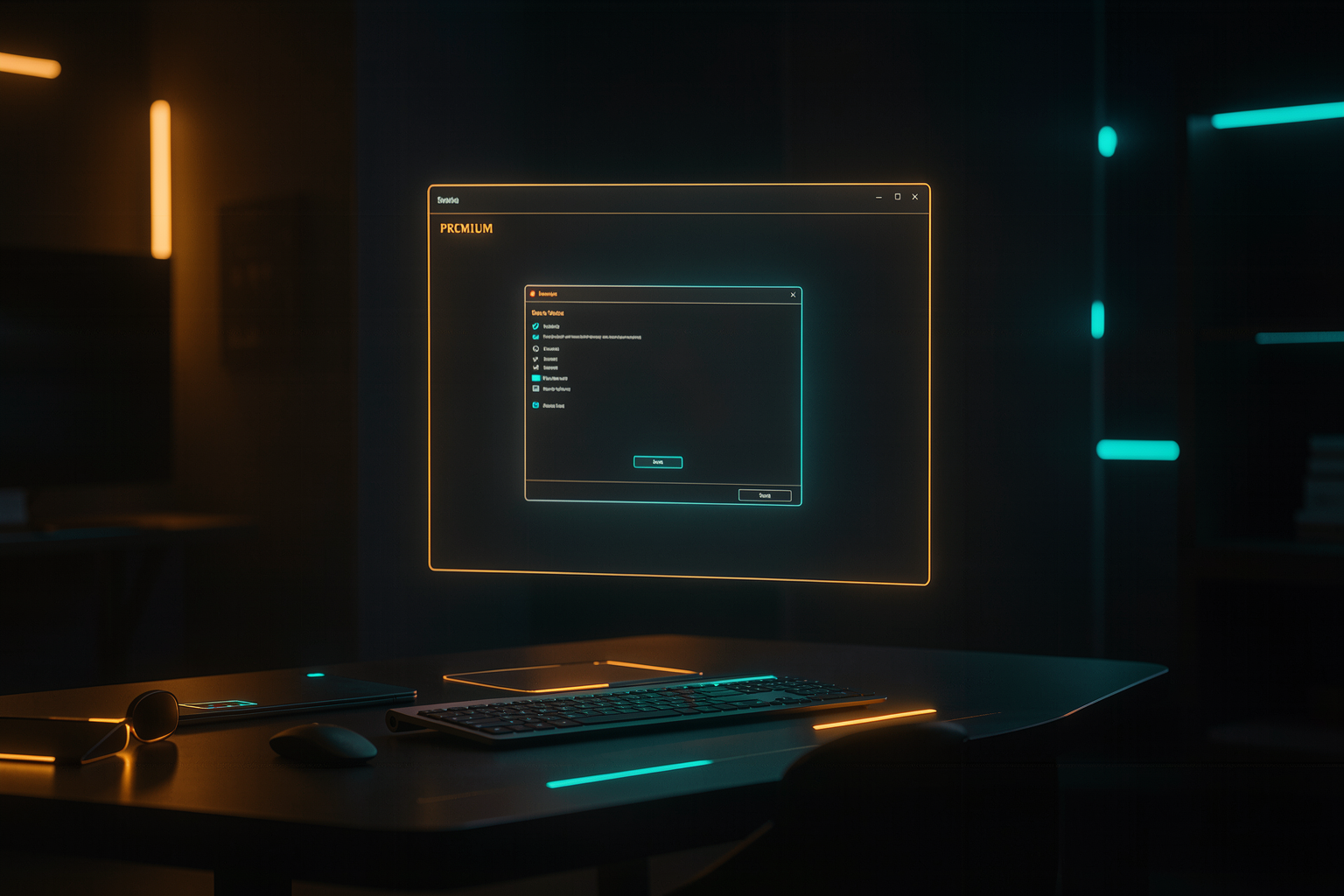 Ilustração de uma mesa de trabalho com terminal de comando aceso, em estilo dark âmbar futurista, representando o ambiente de trabalho de um agente de IA autônomo