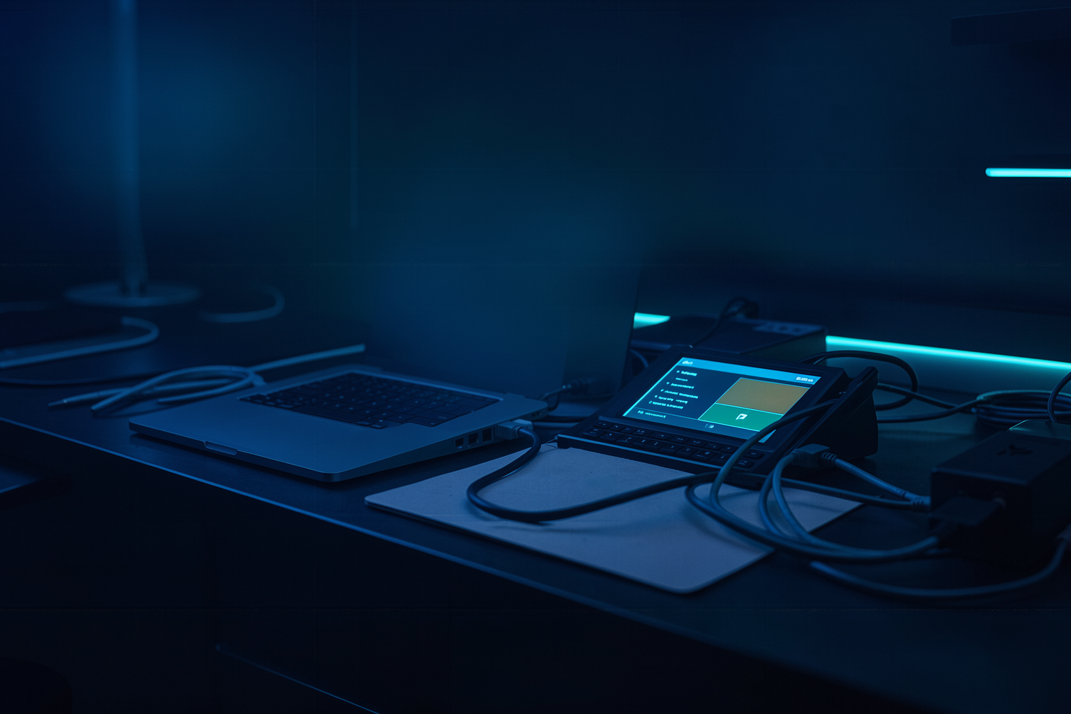 Mesa de trabalho com terminal aceso em tons âmbar escuro, representando o ambiente de trabalho do Claude Code